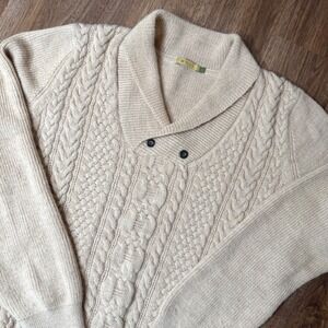 SOL Baby Alpaca Cable Knit Shawl Collar Sweater Women L Beige Cream Quiet Luxury